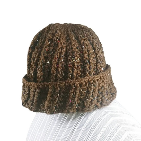 Handmade Ribbed Acrylic Tuque Brown Metallic Very  Warm - Picture 6 of 7